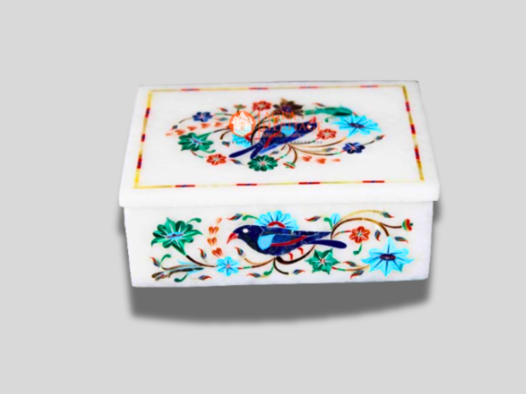 Birds Art Semi Precious Interior Marble Jewelry Box